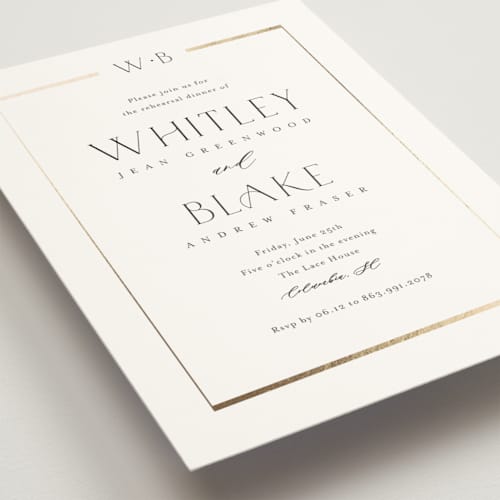 This is a cotton rehearsal dinner invitations with foil pressed by Stacey Meacham called luster printing on signature in standard