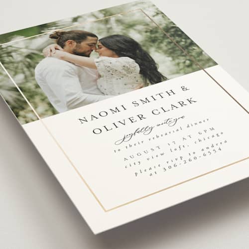 This is a pearl rehearsal dinner invitations with foil pressed by Nicole Walsh called gilded frame printing on signature in standard