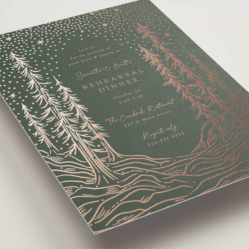 This is a forest rehearsal dinner invitations with foil pressed by Becky Nimoy called forest stars printing on signature in standard