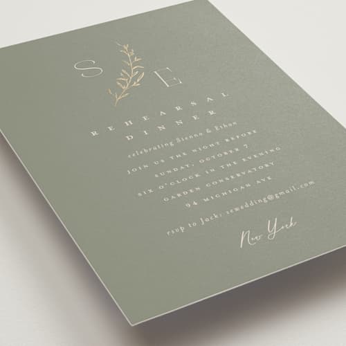 This is a matcha rehearsal dinner invitations with foil pressed by chocomocacino called matcha printing on signature in standard