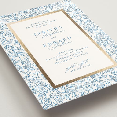 This is a cerulean rehearsal dinner invitations with foil pressed by Tamara Hilje called lavender fields printing on signature in standard