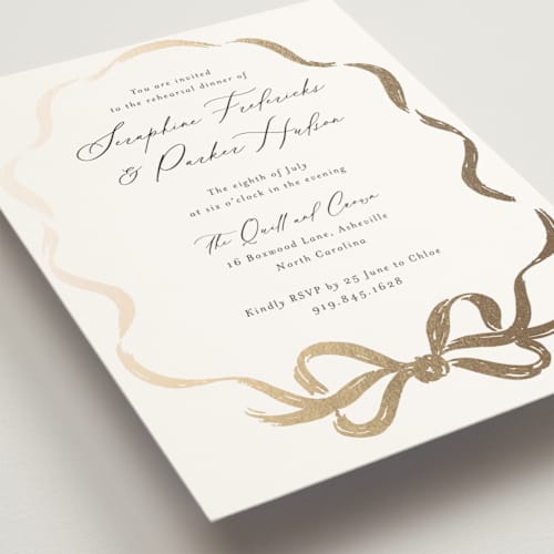 This is a snow rehearsal dinner invitations with foil pressed by Jackie Crawford called rustic bow printing on signature in standard