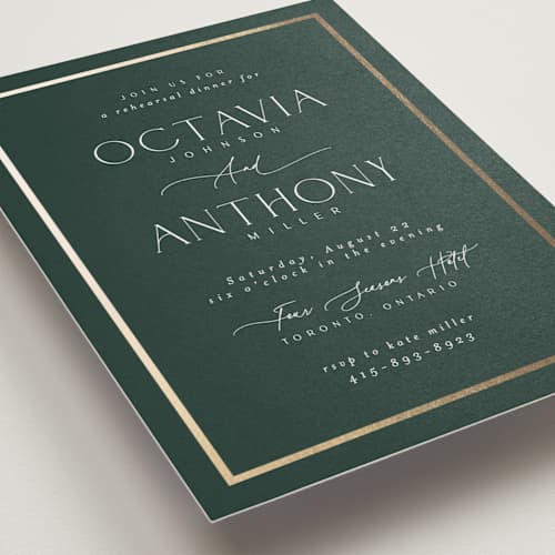 This is a evergreen rehearsal dinner invitations with foil pressed by Nicole Walsh called regal printing on signature in standard