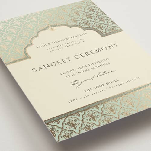 This is a aqua foil stamped wedding invitations with foil pressed by Pati Cascino called aatreya printing on signature in standard