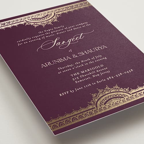This is a plum foil stamped wedding invitations with foil pressed by Randi Cirelli called arunima printing on signature in standard