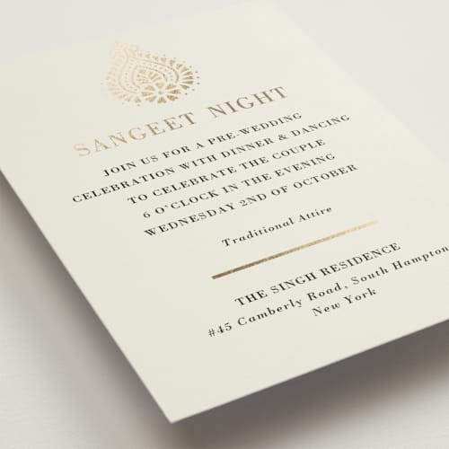This is a champagne foil stamped wedding invitations with foil pressed by Oma N. Ramkhelawan called henna stamp printing on signature in standard