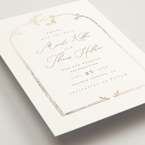 This is a porcelain foil stamped save the date cards with foil pressed by Leah Bisch called reflection printing on signature in standard