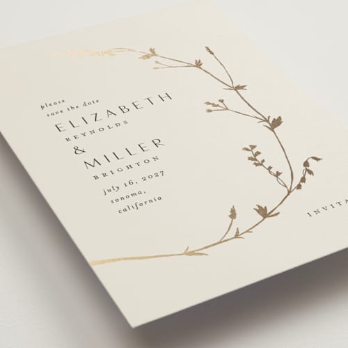 This is a cotton foil stamped save the date cards with foil pressed by Amy Kross called vine wrap printing on signature in standard
