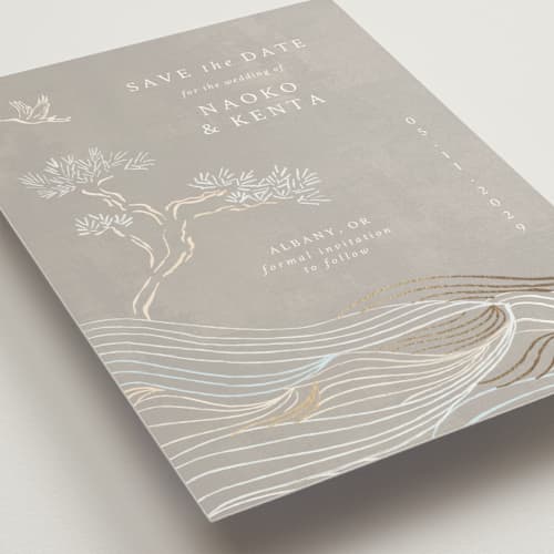 This is a ash foil stamped save the date cards with foil pressed by Jelena Vuletic called asahi printing on signature in standard