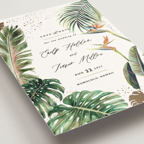 This is a fern foil stamped save the date cards with foil pressed by Elly called our paradise printing on signature in standard