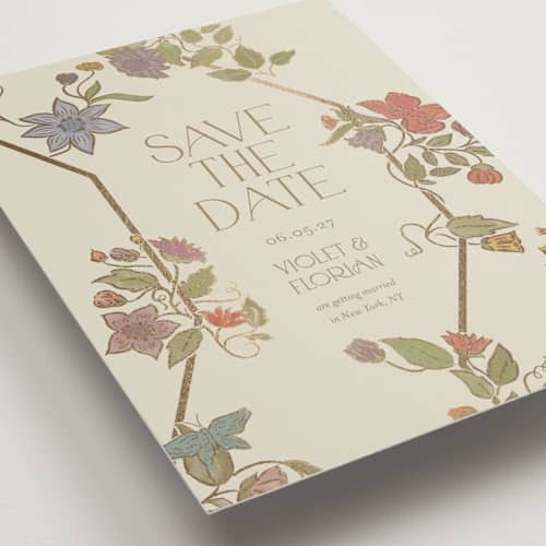 This is a mint foil stamped save the date cards with foil pressed by Simona Camp called radiant botany printing on signature in standard
