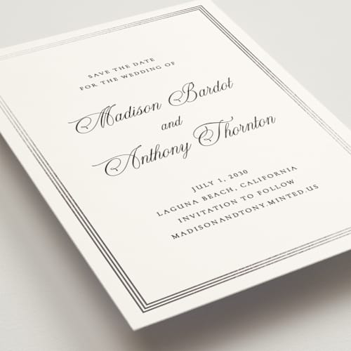 This is a ink foil stamped save the date cards with foil pressed by Vanessa Doyle called triple border printing on signature in standard