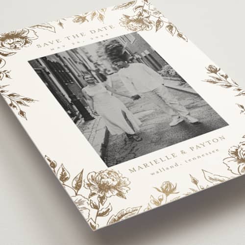 This is a wheat foil stamped save the date cards with foil pressed by Chris Griffith called wildflower date printing on signature in standard