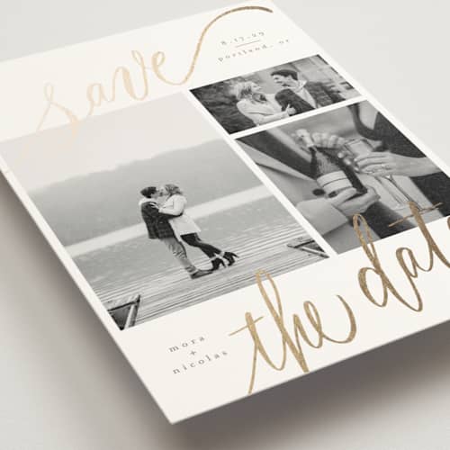 This is a veil foil stamped save the date cards with foil pressed by Elsa Duncan called tri-photo save the date printing on signature in standard