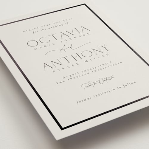 This is a sandstone foil stamped save the date cards with foil pressed by Nicole Walsh called regal printing on signature in 5x7