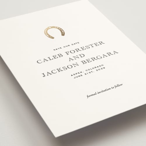 This is a pearl foil stamped save the date cards with foil pressed by Jenna Holcomb called ranch printing on signature in standard