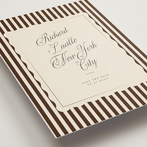 This is a chocolate foil stamped save the date cards with foil pressed by Baumbirdy called stripe frame printing on signature in standard