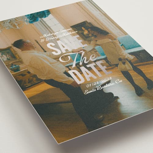 This is a lily foil stamped save the date cards with foil pressed by Owl and Toad called full page printing on signature in standard