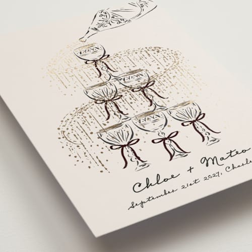 This is a noir foil stamped save the date cards with foil pressed by Jackie Crawford called sparkling champagne tower printing on signature in standard