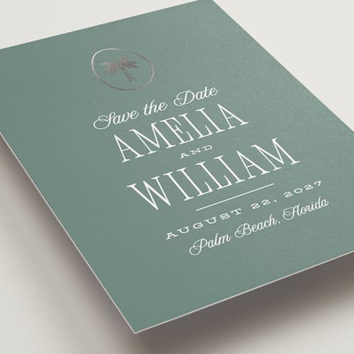 This is a harbor foil stamped save the date cards with foil pressed by Robert and Stella called madeira printing on signature in standard