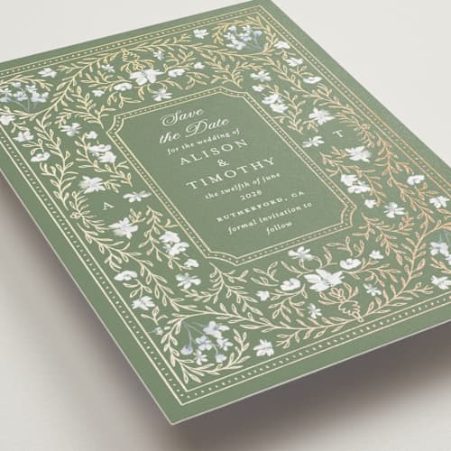 This is a morris foil stamped save the date cards with foil pressed by Claudia Orengo called victorian printing on signature in standard