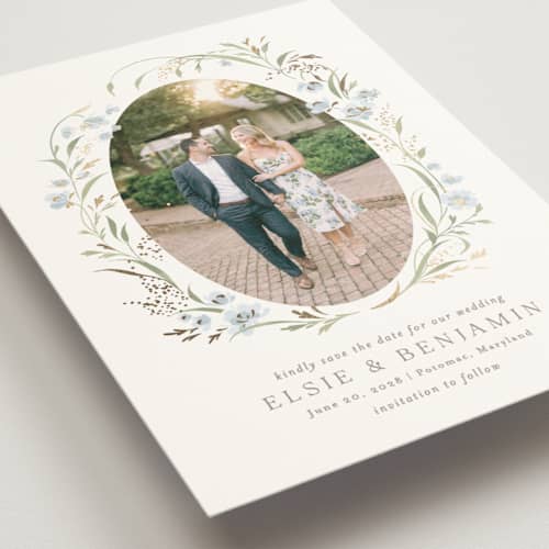 This is a blue bonnet foil stamped save the date cards with foil pressed by Erin L. Wilson called meadow printing on signature in standard