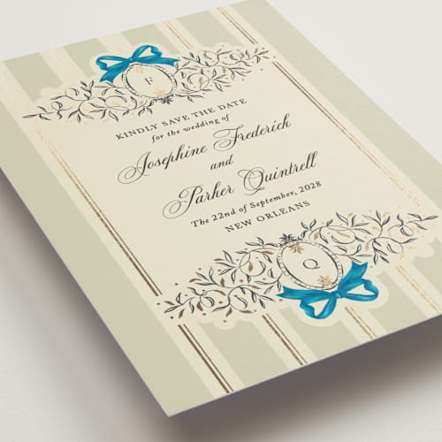 This is a marine foil stamped save the date cards with foil pressed by Jackie Crawford called josephine printing on signature in standard