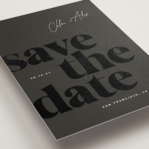 This is a evening foil stamped save the date cards with foil pressed by Eric Clegg called retro printing on signature in standard