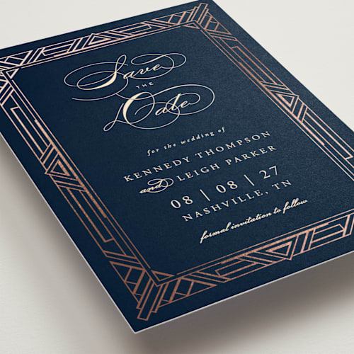 This is a midnight foil stamped save the date cards with foil pressed by Hooray Creative called opulent border printing on signature in standard