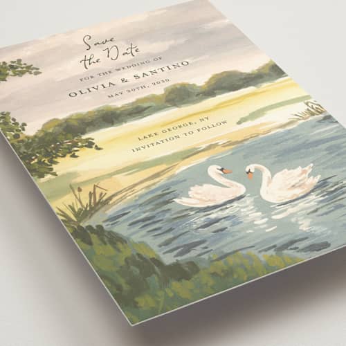 This is a lake save the date with standard by Teju Reval called dreamy pond printing on signature in standard