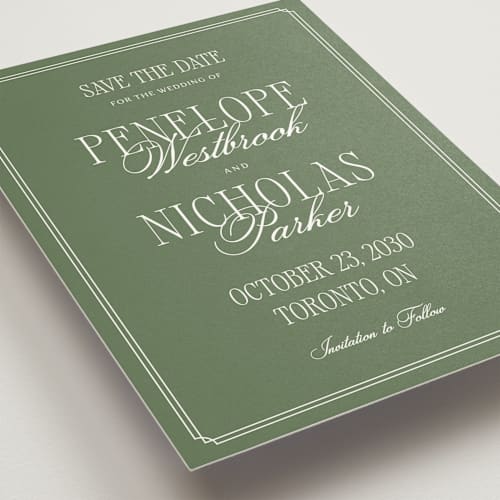 This is a garden save the date with standard by Kelly Schmidt called overlapped script printing on signature in standard