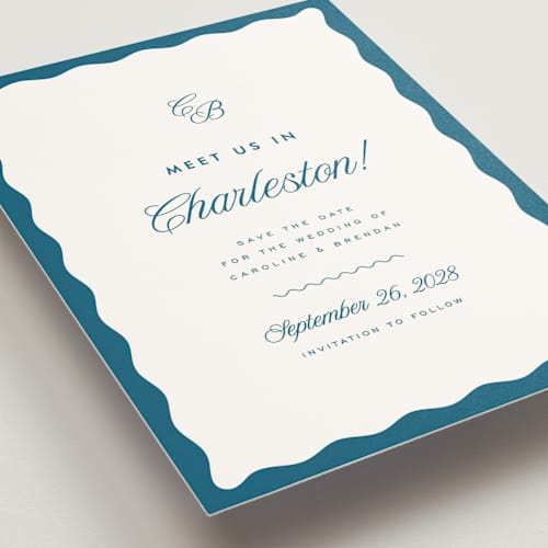 This is a ocean save the date with standard by Kelly Schmidt called meet us printing on signature in standard