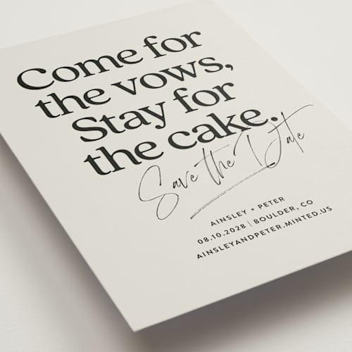 This is a dark chocolate save the date with standard by Jackie Crawford called stay for cake printing on signature in standard