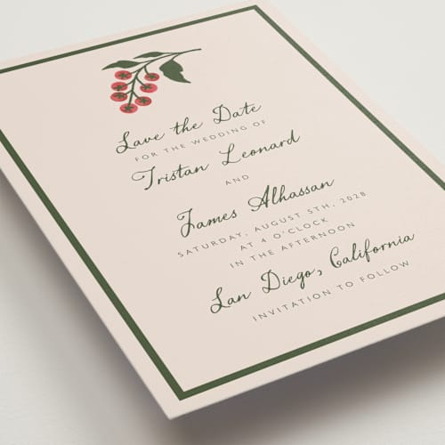 This is a sand save the date with standard by Katharine Watson called tomato vine printing on signature in standard