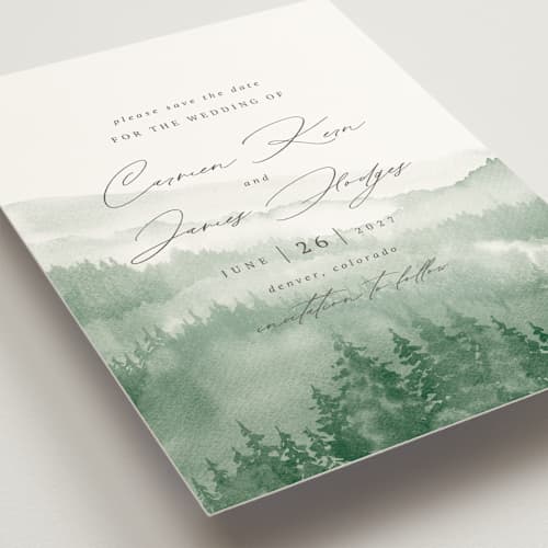 This is a fern save the date with standard by Helen Halik called over the mountains printing on signature in standard