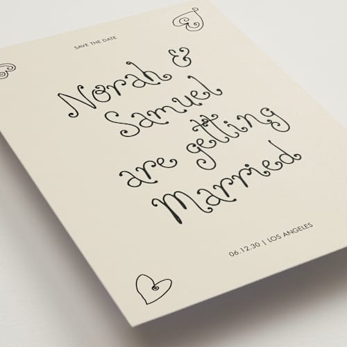 This is a ink save the date with standard by Kelly Watkins called hand-drawn hearts printing on signature in standard