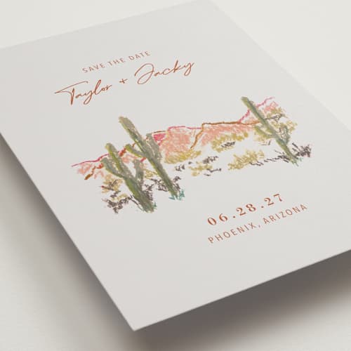 This is a burnt sienna save the date with standard by Cass Loh called desert crayon drawing printing on signature in standard