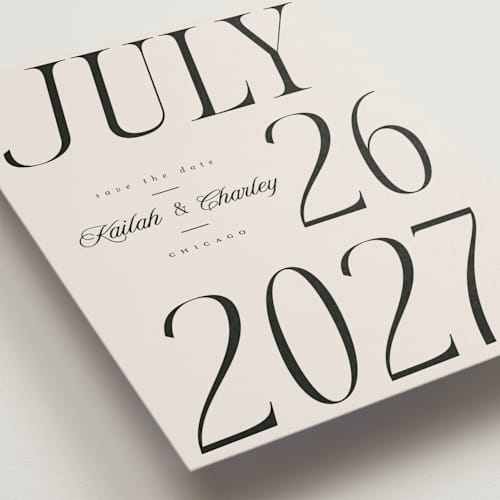 This is a ivory save the date with standard by Melanie Kosuge called grand printing on signature in standard