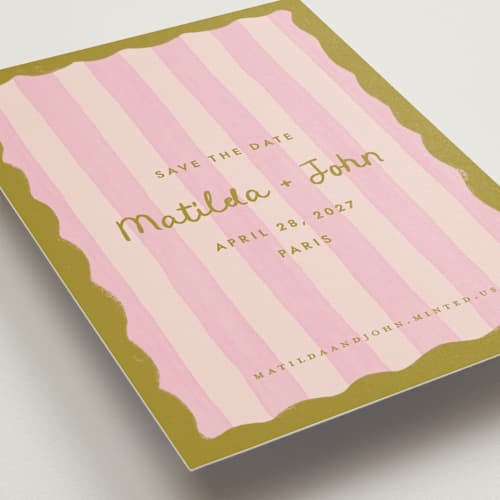 This is a macaron save the date with standard by Pink House Press called paris printing on signature in standard