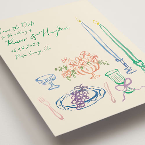 This is a garden save the date with standard by Cass Loh called tablescape drawing printing on signature in standard