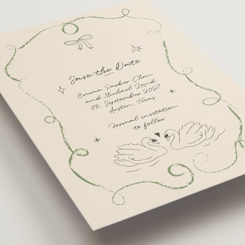 This is a olive save the date with standard by Helena Vitto called the swan printing on signature in standard