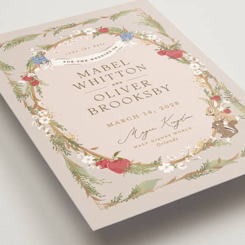 This is a forest floor save the date with standard by Erin L. Wilson called disney’s snow white someday printing on signature in standard