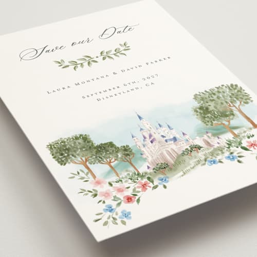 This is a spring save the date with standard by Petra Kern called disney's once upon in a dream printing on signature in standard