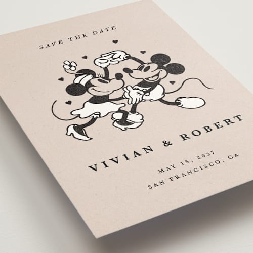 This is a retro save the date with standard by Sumak Studio called disney's retro mickey mouse and minnie mouse printing on signature in standard