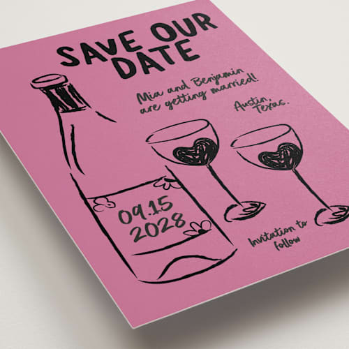 This is a pretty in pink save the date with standard by Helena Vitto called heart of glass printing on signature in standard