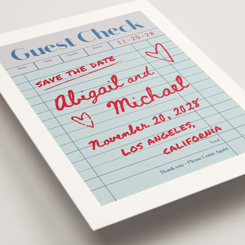 This is a mint save the date with standard by Jennifer Lew called guest check printing on signature in standard