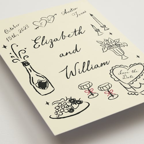 This is a champagne save the date with standard by Helena Vitto called vintage lovers printing on signature in standard