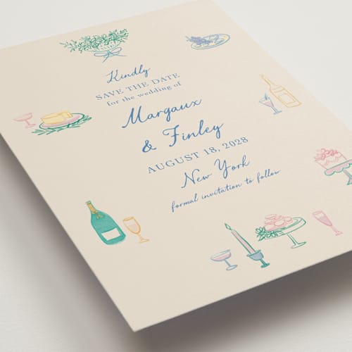 This is a pastel save the date with standard by Elly called dining printing on signature in standard