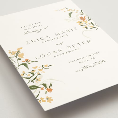 This is a citrine save the date with standard by Everett Paper Goods called fleur printing on signature in standard
