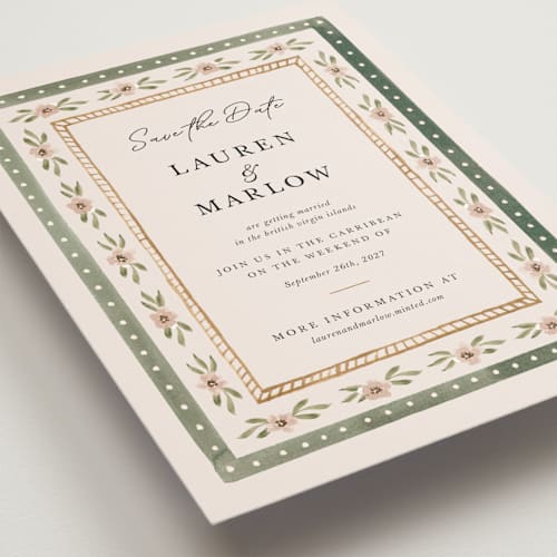 This is a garden save the date with standard by leslie hamer called americana printing on signature in standard